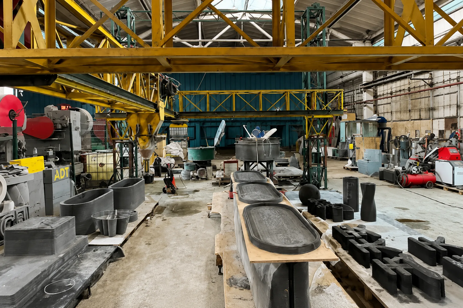 Factory floor with large gantry equipment and multiple printed concrete components