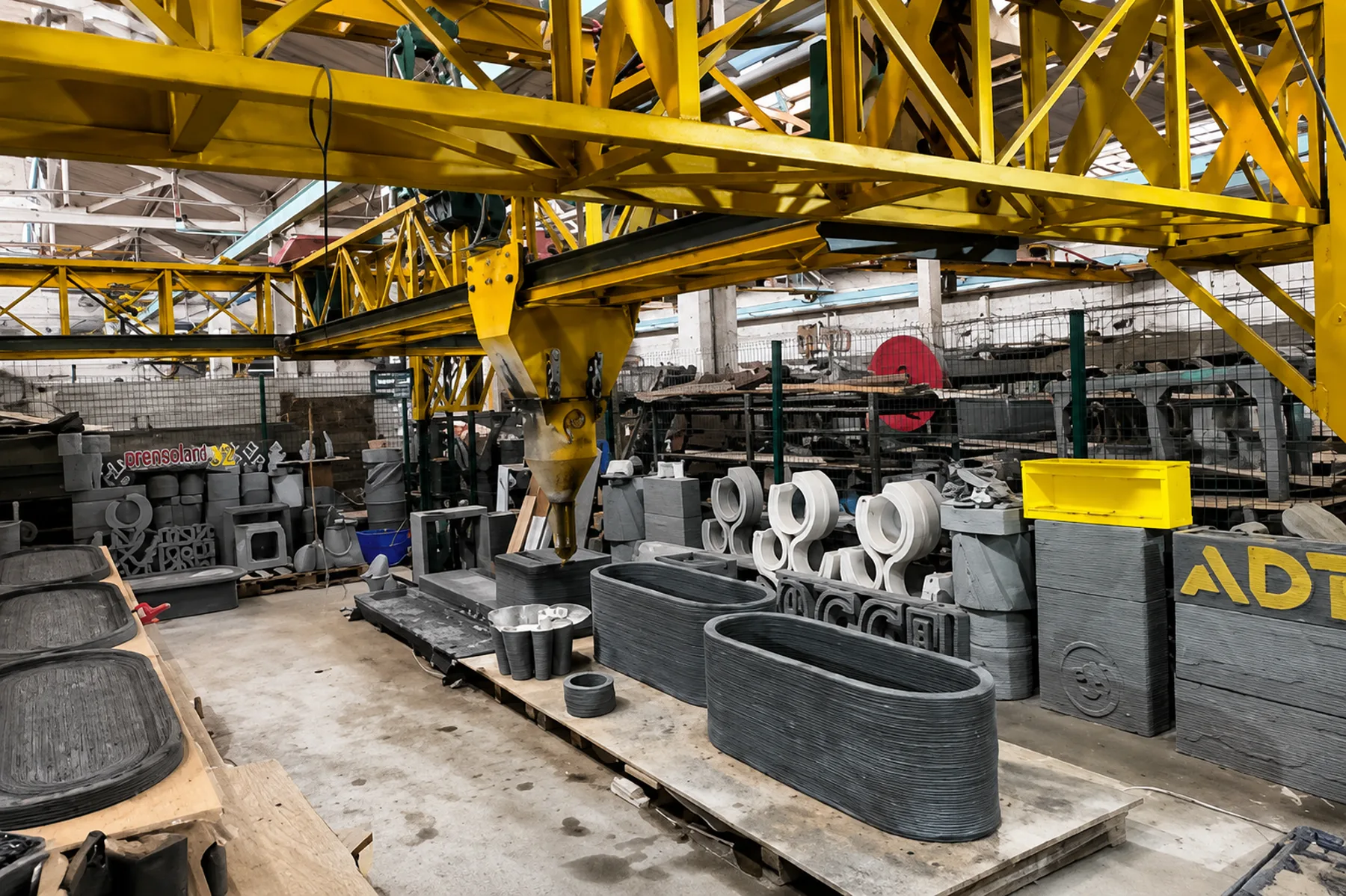 Yellow industrial gantry above printed concrete planters and components