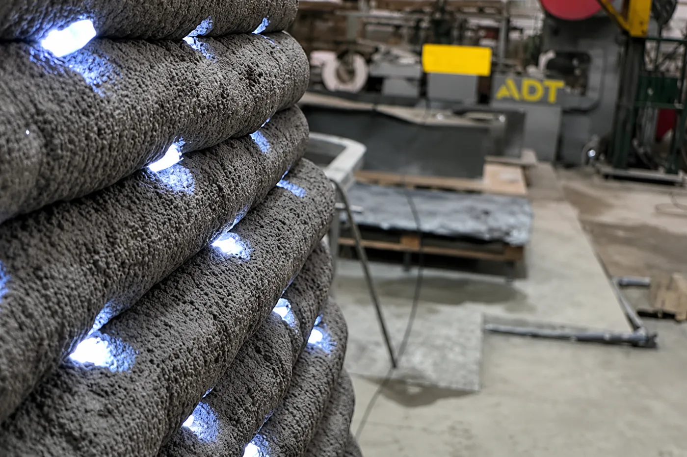 Close view of porous extruded cement layers with light visible between the printed paths